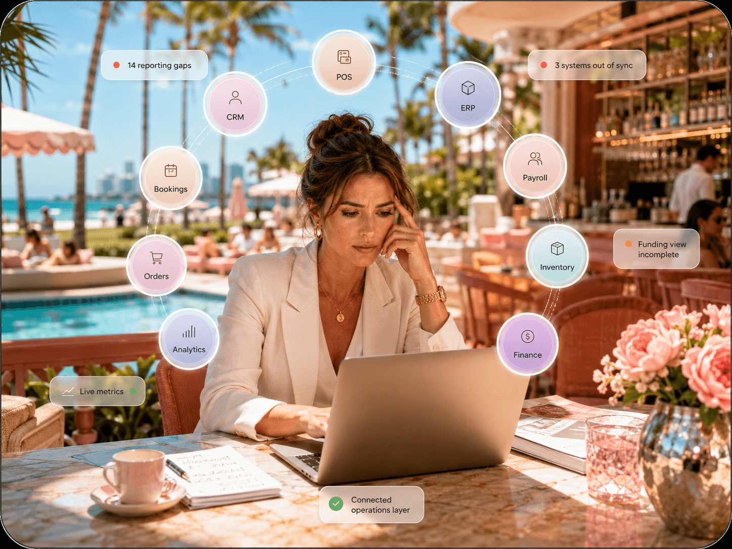 Hospitality business manager in a luxury Miami beach lounge reviewing fragmented business numbers on her laptop while disconnected software systems surround her