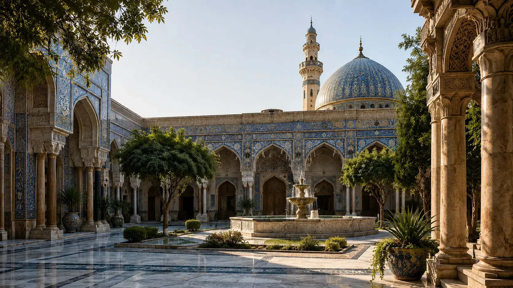 Islamic courtyard with tiled architecture and a blue dome.