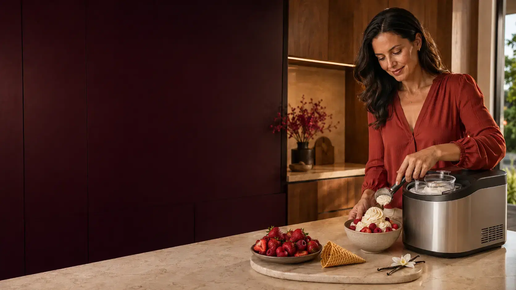 Woman preparing fresh ice cream with a countertop ice-cream maker in a contemporary kitchen.
