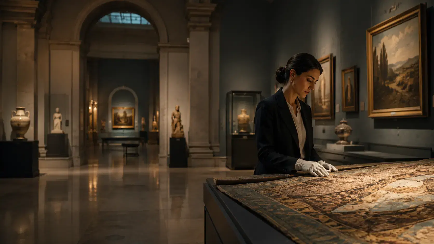 Museum curator examining a historic collection in a gallery.