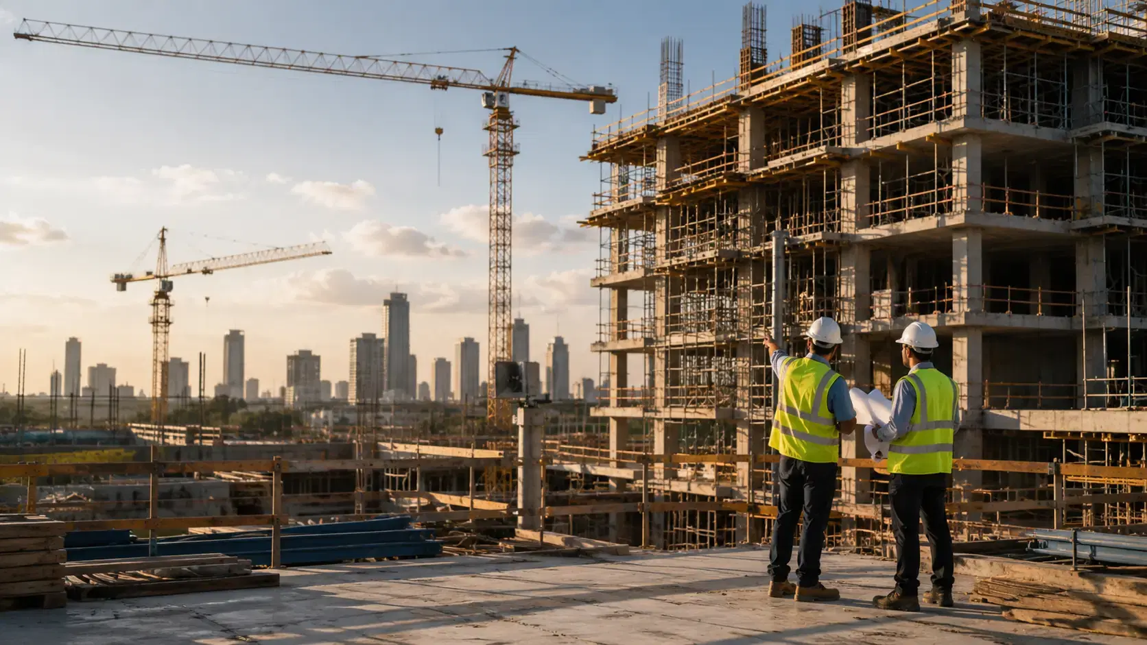 Construction professionals coordinating work on a large building project.