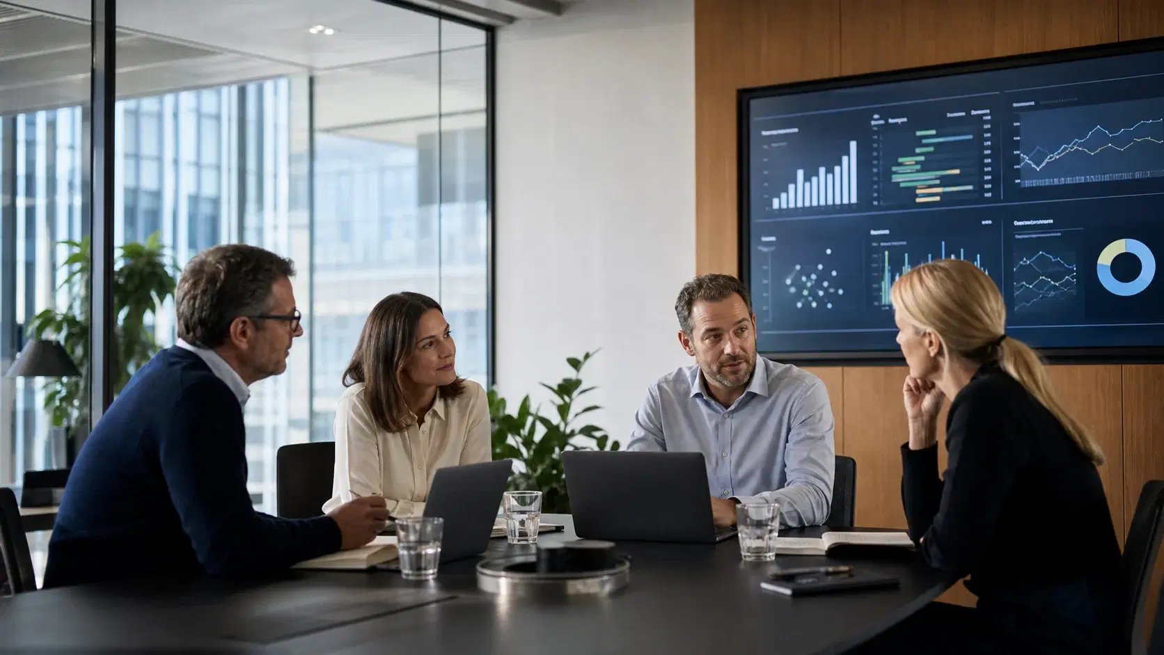 Commercial and e-commerce team reviewing growth performance in a modern office