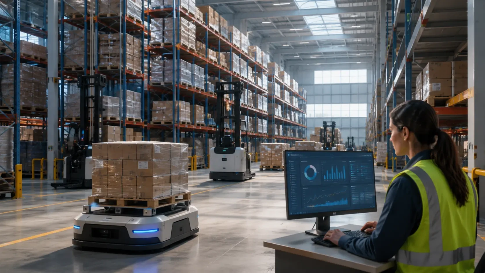 Warehouse operator overseeing automated fulfilment and logistics activity.