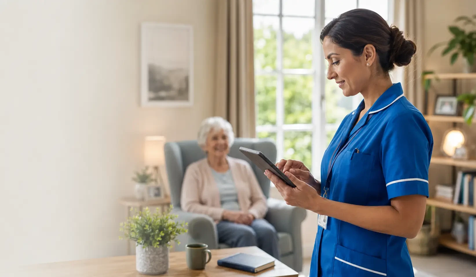 Community care professional using a tablet during a home visit.