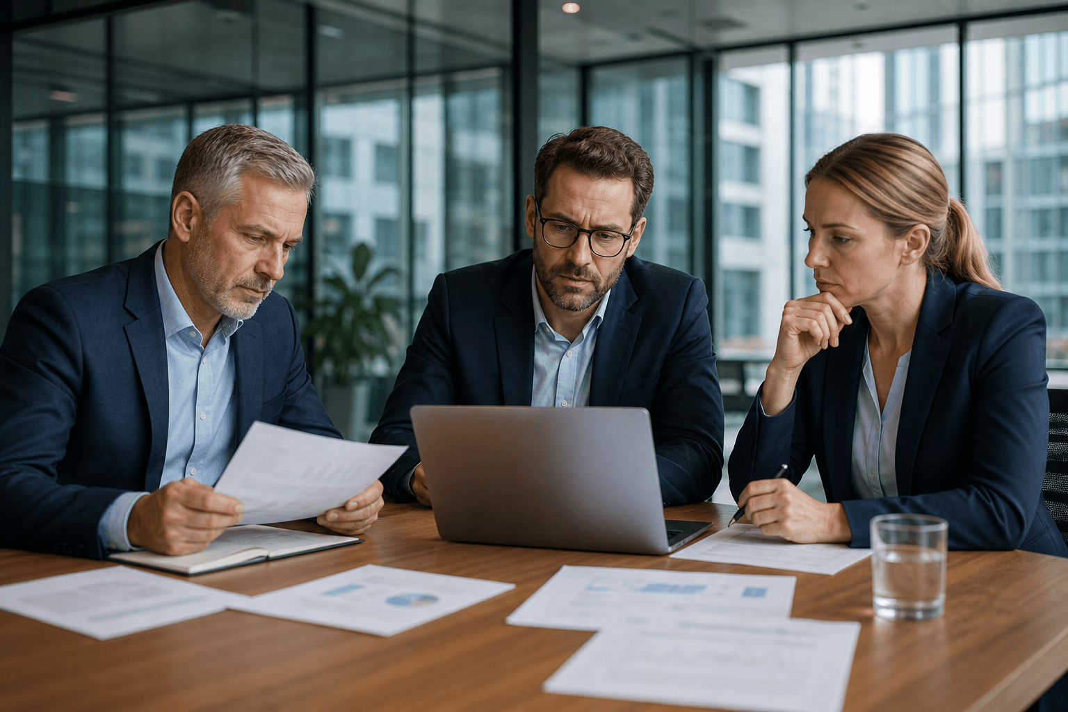 Business leaders in a meeting room reviewing a printed pilot funding checklist beside a laptop, natural light, calm professional atmosphere.