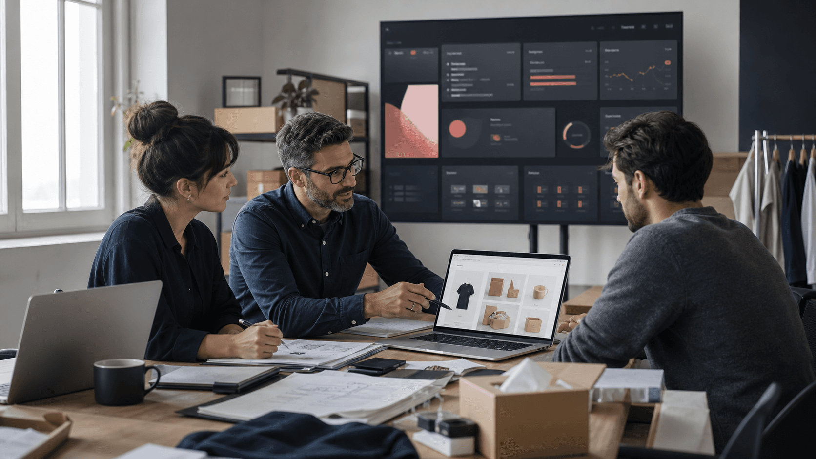 Ecommerce operations team reviewing order flow, stock signals and fulfilment dashboards in a modern workspace.