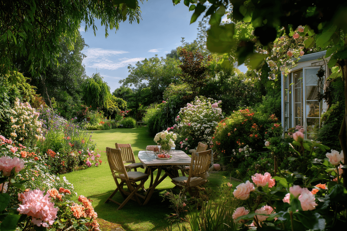 A bright garden with flowers, lawn, and a wooden table set among lush greenery.