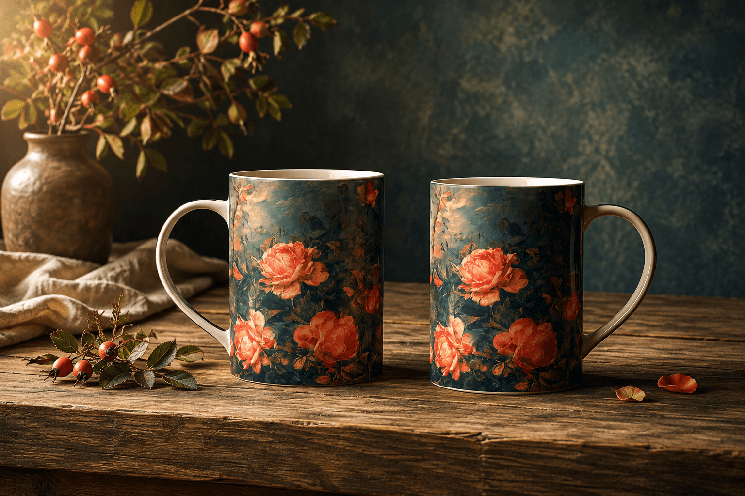Two floral mugs on a wooden table beside rosehips and warm light.