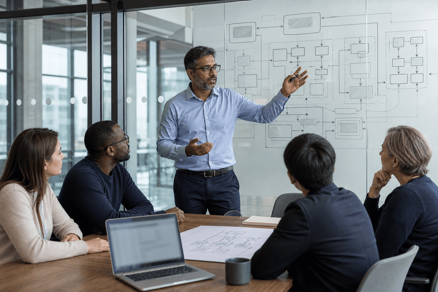 Software architect explaining integration architecture to colleagues in a daylight corporate workshop; glass wall shows abstract system boxes and arrows beside a laptop and printed diagram.