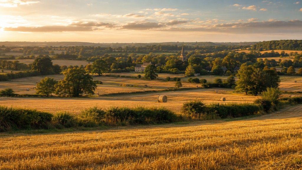 Golden-hour Oxfordshire countryside in late summer harvest: rolling fields of straw, round bales, green hedgerows, and a village church spire among trees.