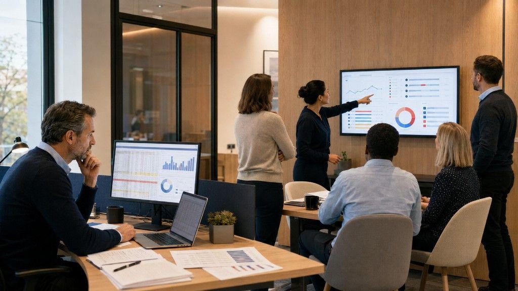 Analyst reviewing charts at a desk while a team points to a shared wall-mounted operations dashboard in a modern workspace.