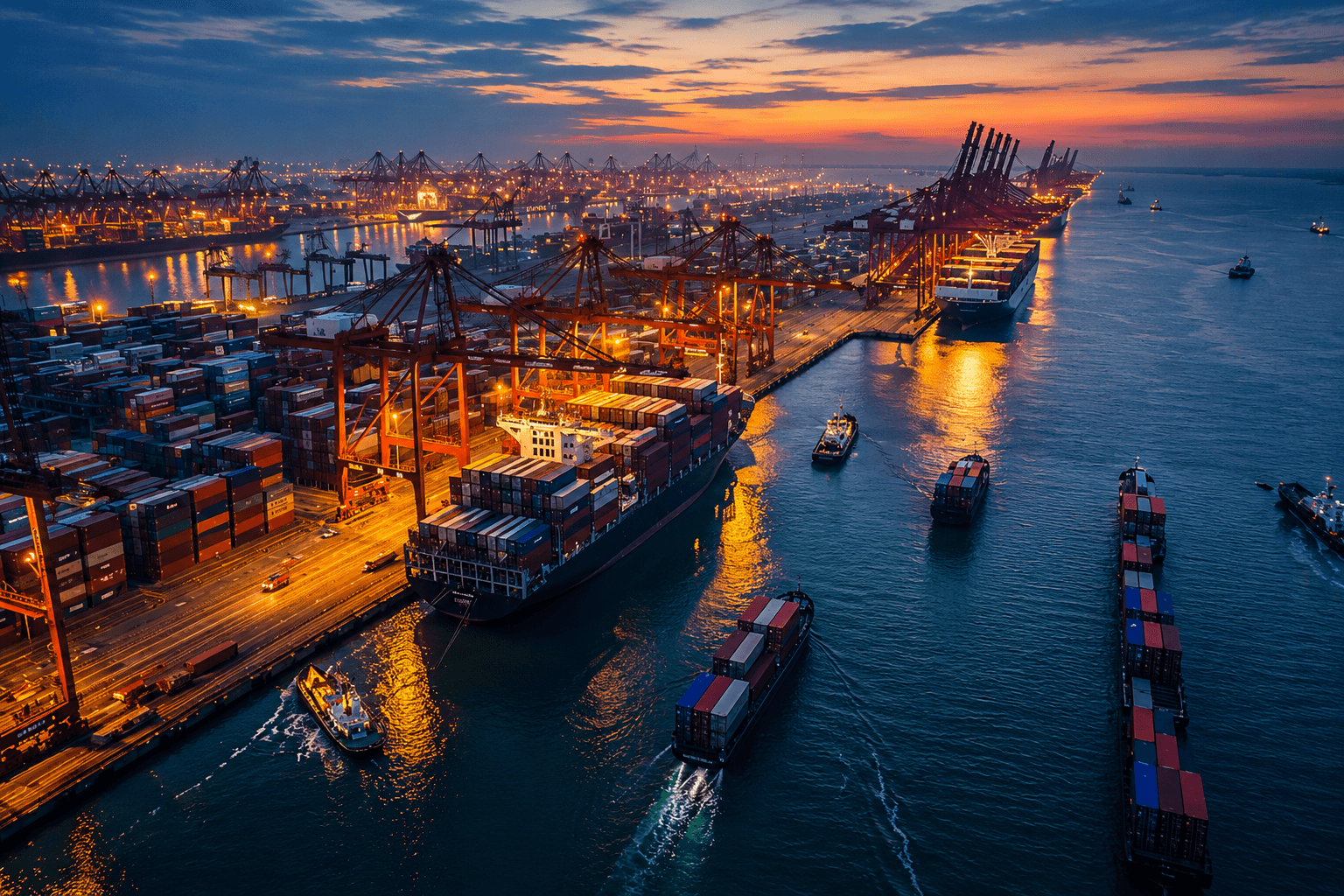 Container ships and cranes in a busy harbour at dusk, with orange port lights reflected on the water.