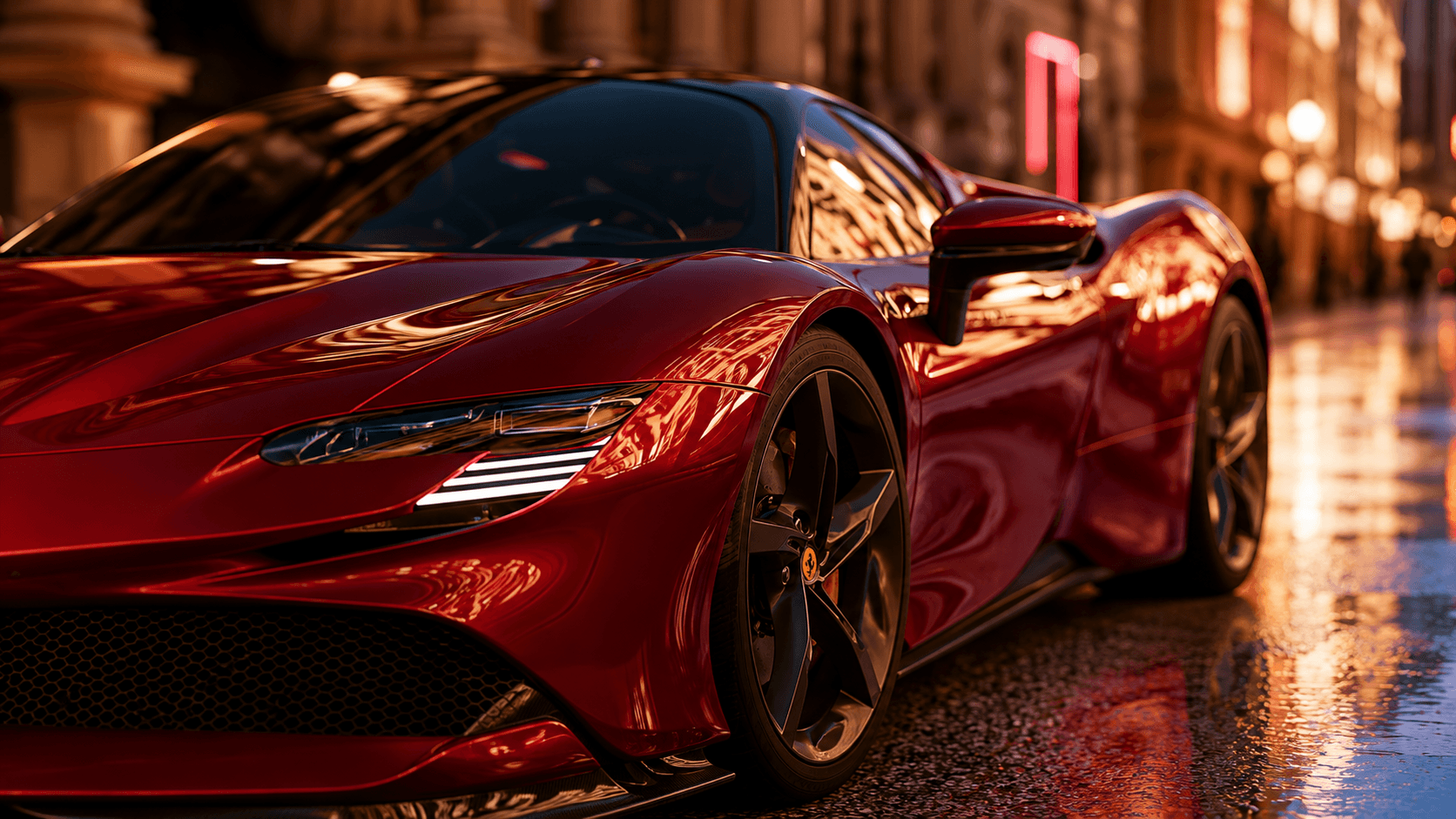 A glossy red sports car on a city street at night with warm reflections and blurred lights.