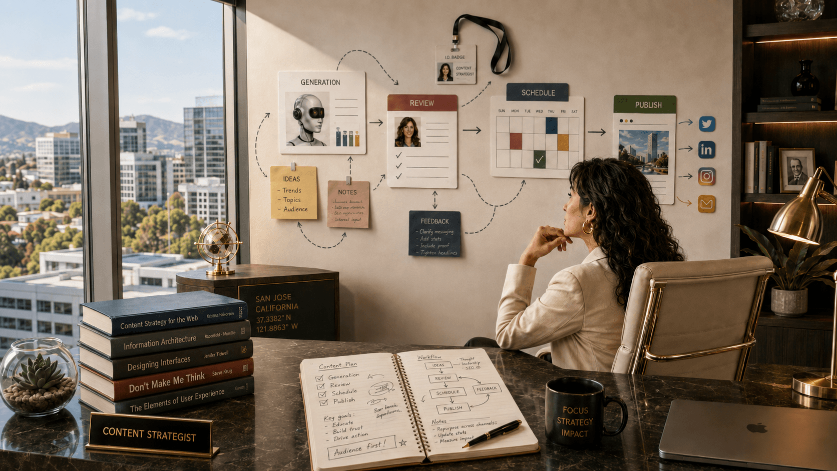 Content strategist reviewing an AI-assisted publishing workflow from generation through review, scheduling and publishing.