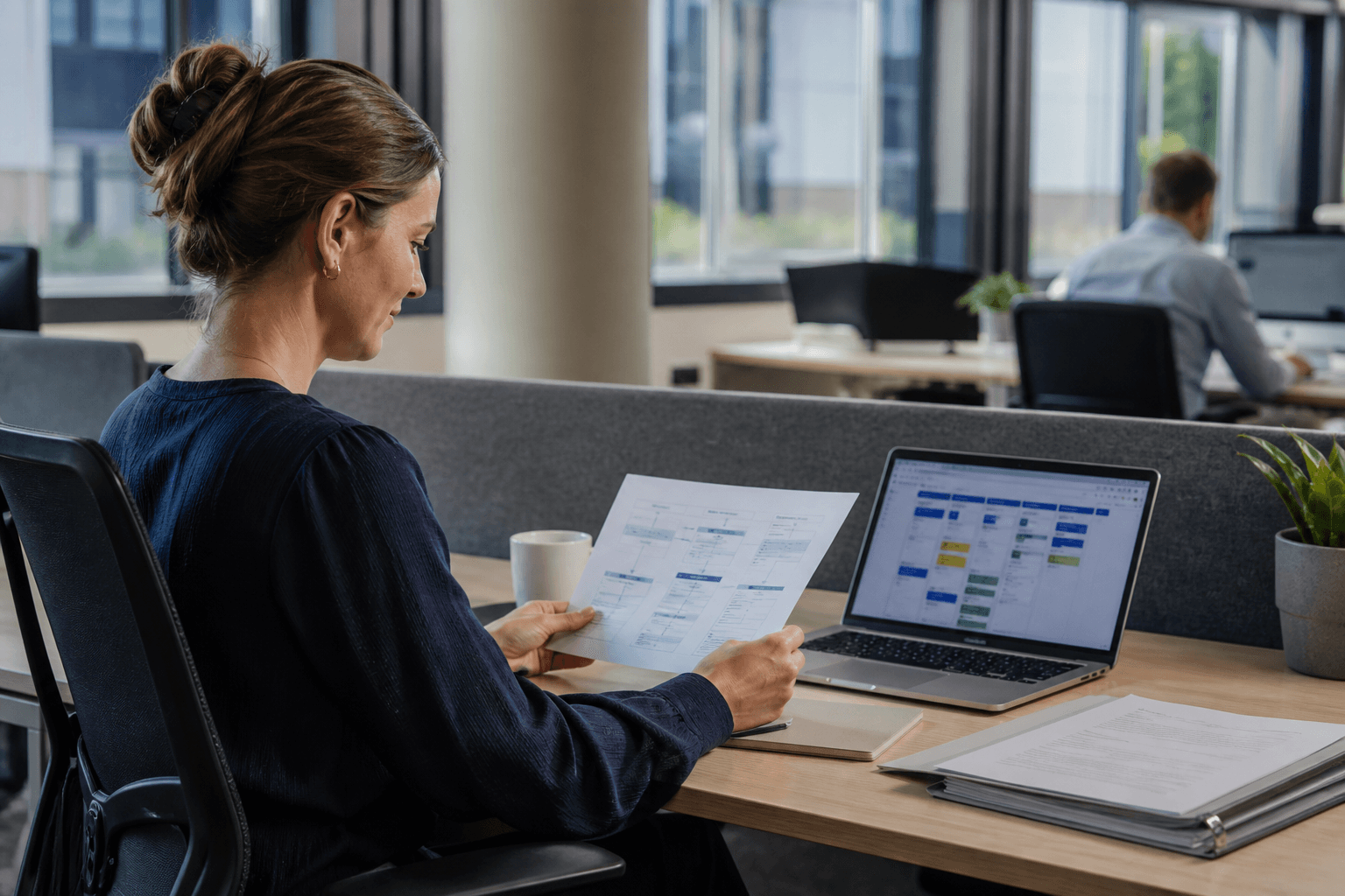 Operations coordinator at a desk reviewing a printed workflow checklist beside a laptop showing a simple process board in a calm modern office.