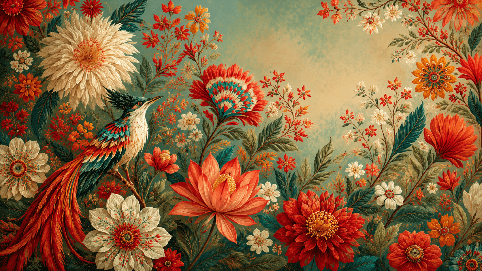 A vivid decorative bird surrounded by richly coloured autumn flowers and foliage.