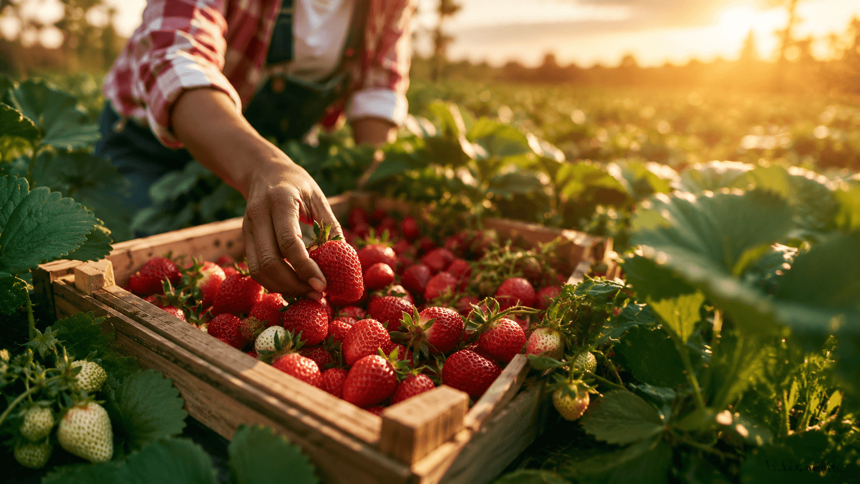 A hand harvesting strawberries into a wooden crate at golden hour.
