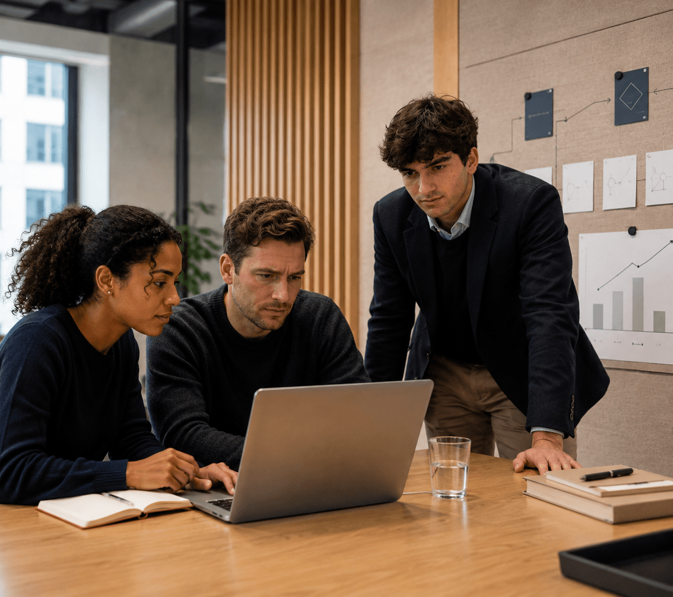 Microcorem team reviewing a delivery model, technical workflow and operational priorities around a laptop.