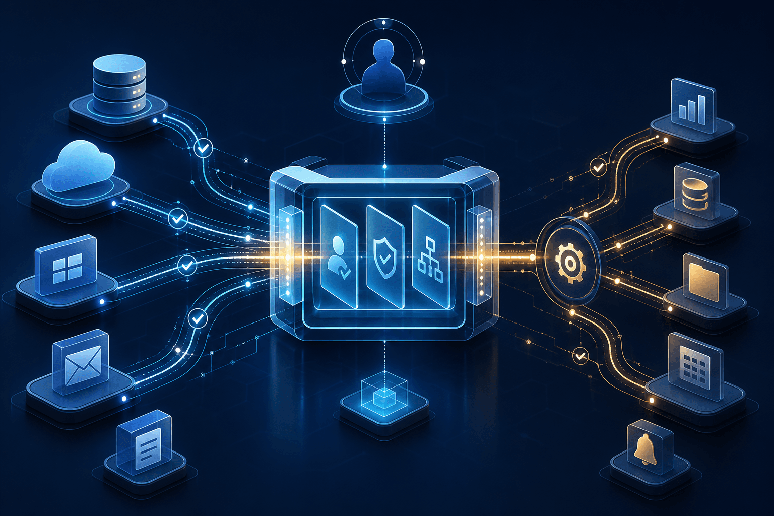 Connected business systems passing through a secure verification layer before an automated action is released.