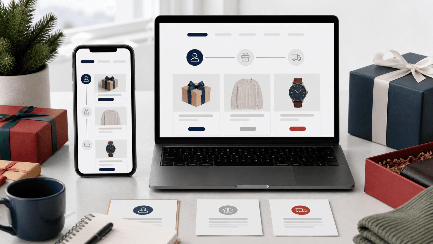 Ecommerce landing page planning desk with mobile and desktop decision paths.