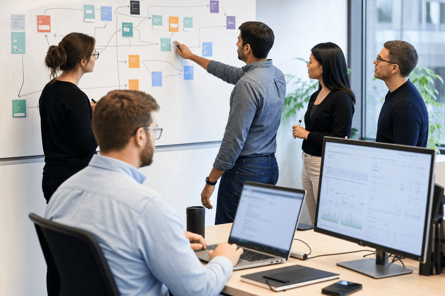 Project delivery team around a planning board with coloured workflow cards; one engineer reviews deployment approval while another monitors software quality in a daylight consultancy office.