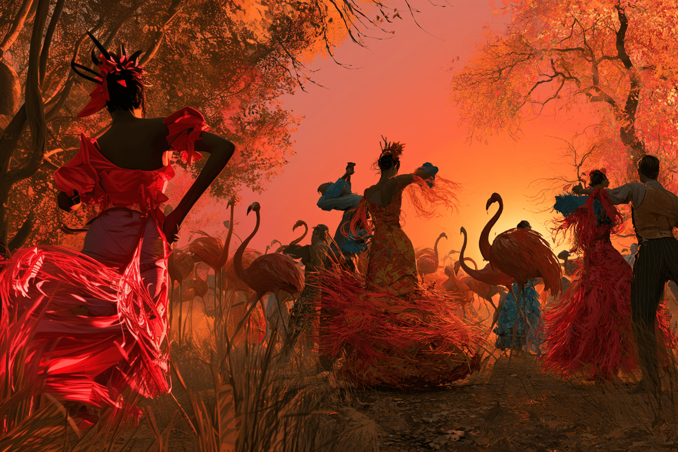 Orange-red landscape artwork of figures moving through an autumn scene with flamingos, suggesting rhythm and coordinated motion.