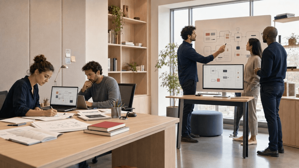 Busy operators and delivery leads collaborating across desks and screens in a modern workspace, illustrating the operational overload that leads teams to engage a product engineering studio.