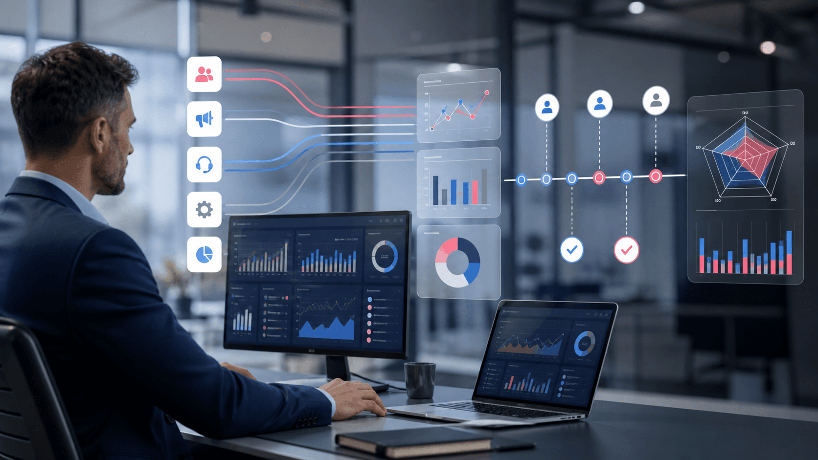 Operational reporting signals converging into connected dashboards and decision markers.
