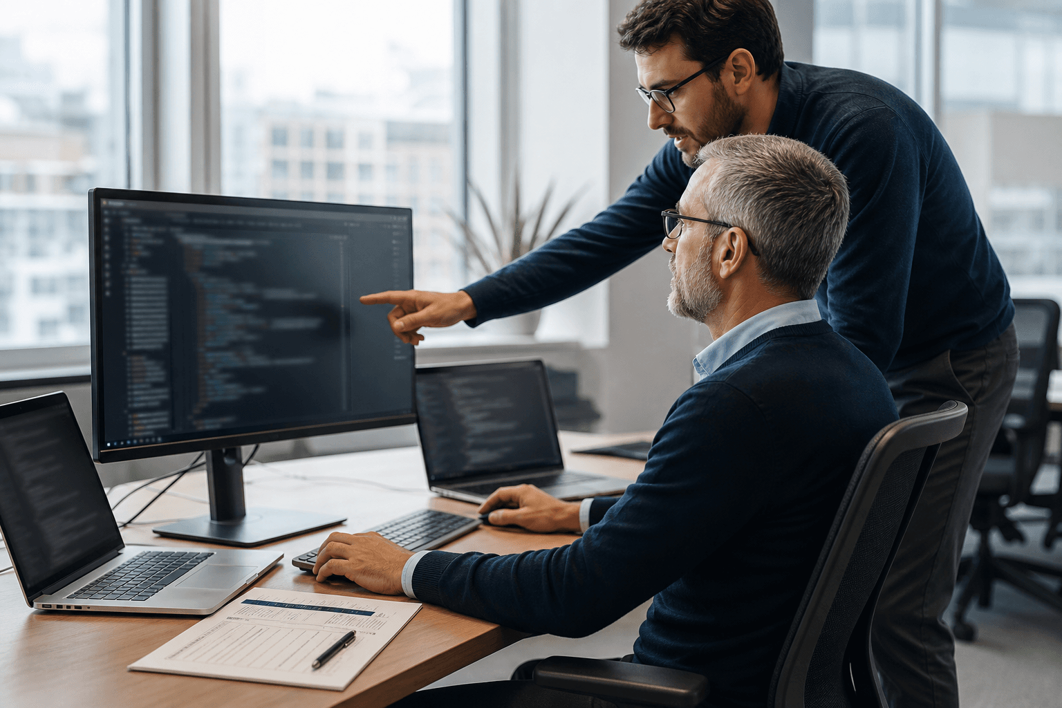 Senior software engineer reviewing pull requests on a large monitor while a colleague discusses architecture; a printed code-review checklist sits beside the keyboard.