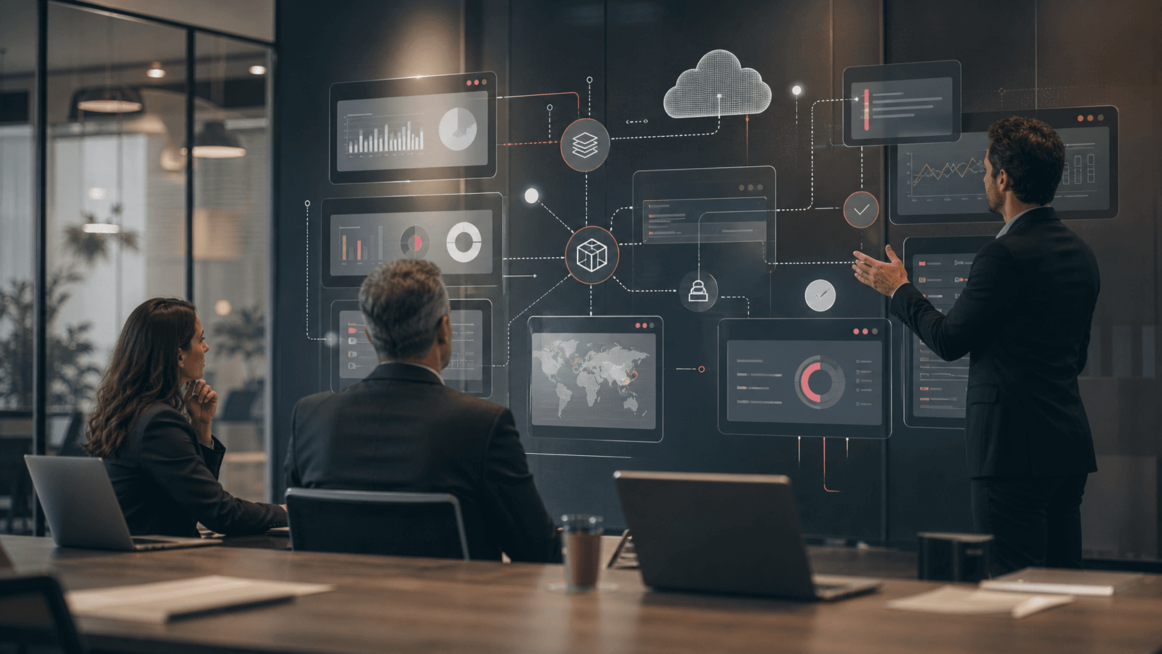 Business team reviewing connected software systems and operational dashboards.