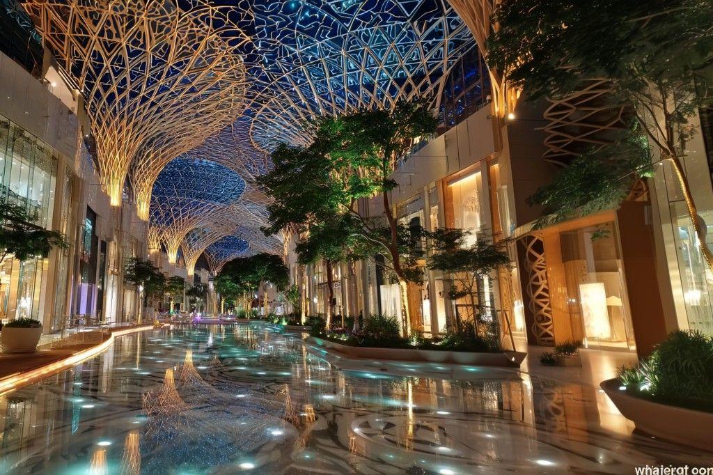 Luxury retail atrium and commercial destination interior at night — illuminated lattice canopy reflected in polished floors, symbolising premium customer experience supported by invisible digital infrastructure.