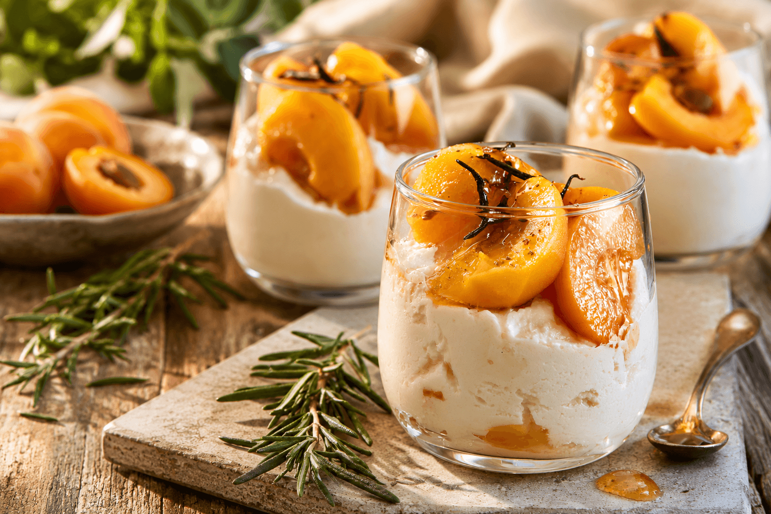 A bright dessert table with apricot-topped cream desserts in glasses, rosemary, honey, and a spoon.