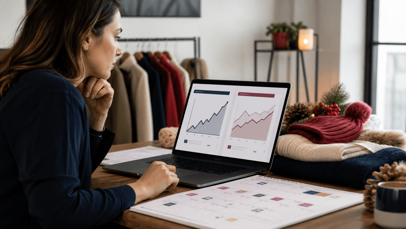 Marketing operations workspace with abstract ad spend and sales signal panels.
