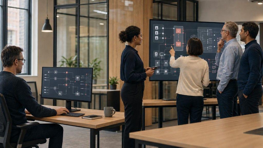 Solo integration developer at an APIs and connectors desk contrasted with a small modernisation team mapping CRM, commerce, and warehouse systems.