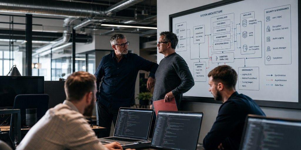 Software engineers at workstations with code on screen while senior leaders review a system architecture diagram covering services, data, events, observability and security governance.