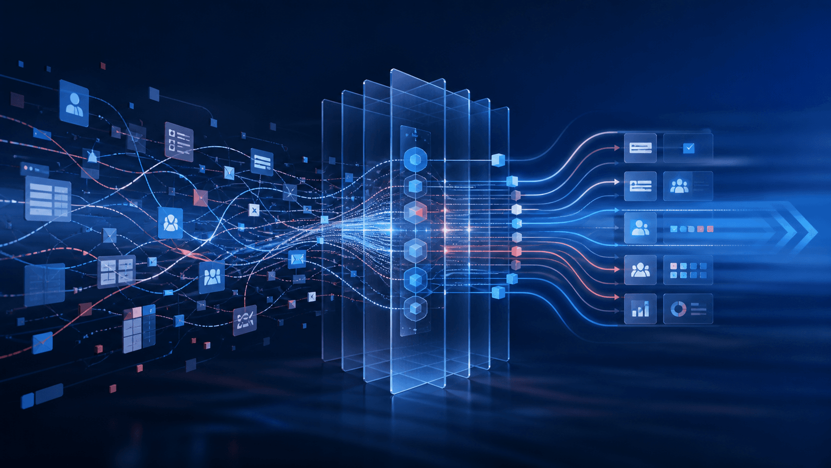 Fragmented SME business systems flowing through an orchestration layer into organised, scalable workflows.