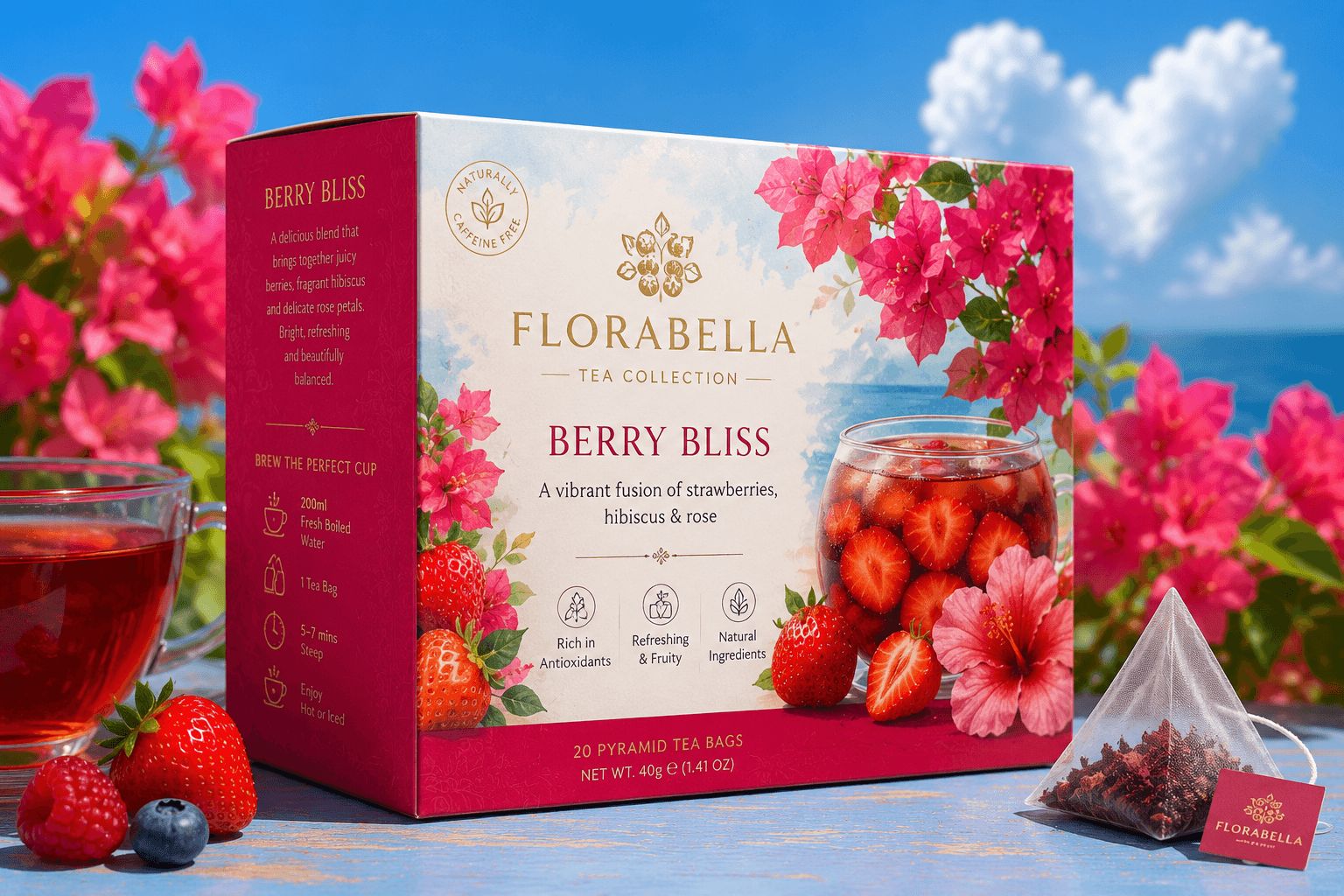 Bright berry tea packaging with pink flowers, berries, blue sky, and a glass cup of red tea.