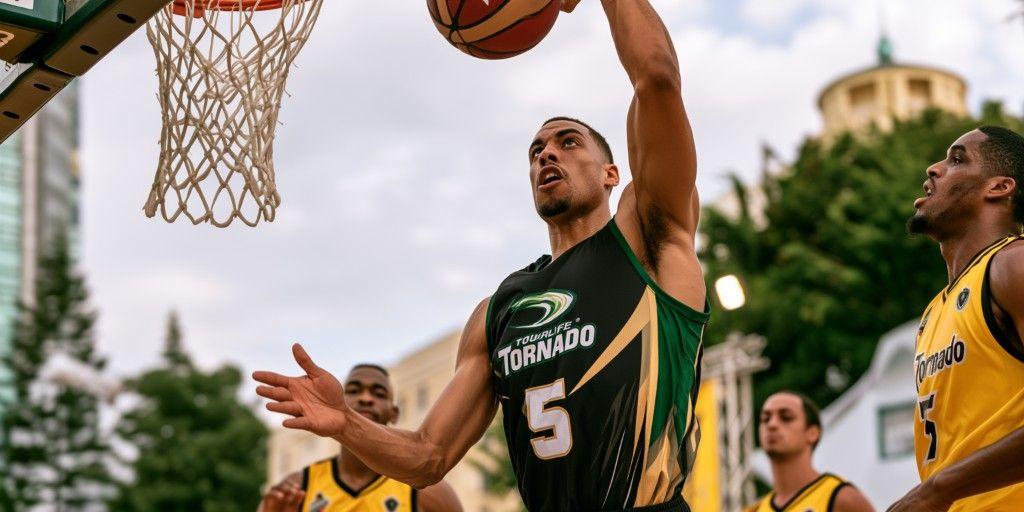 Basketball player in a Tornado jersey dunking at an outdoor urban court, with teammates watching under stadium lights.