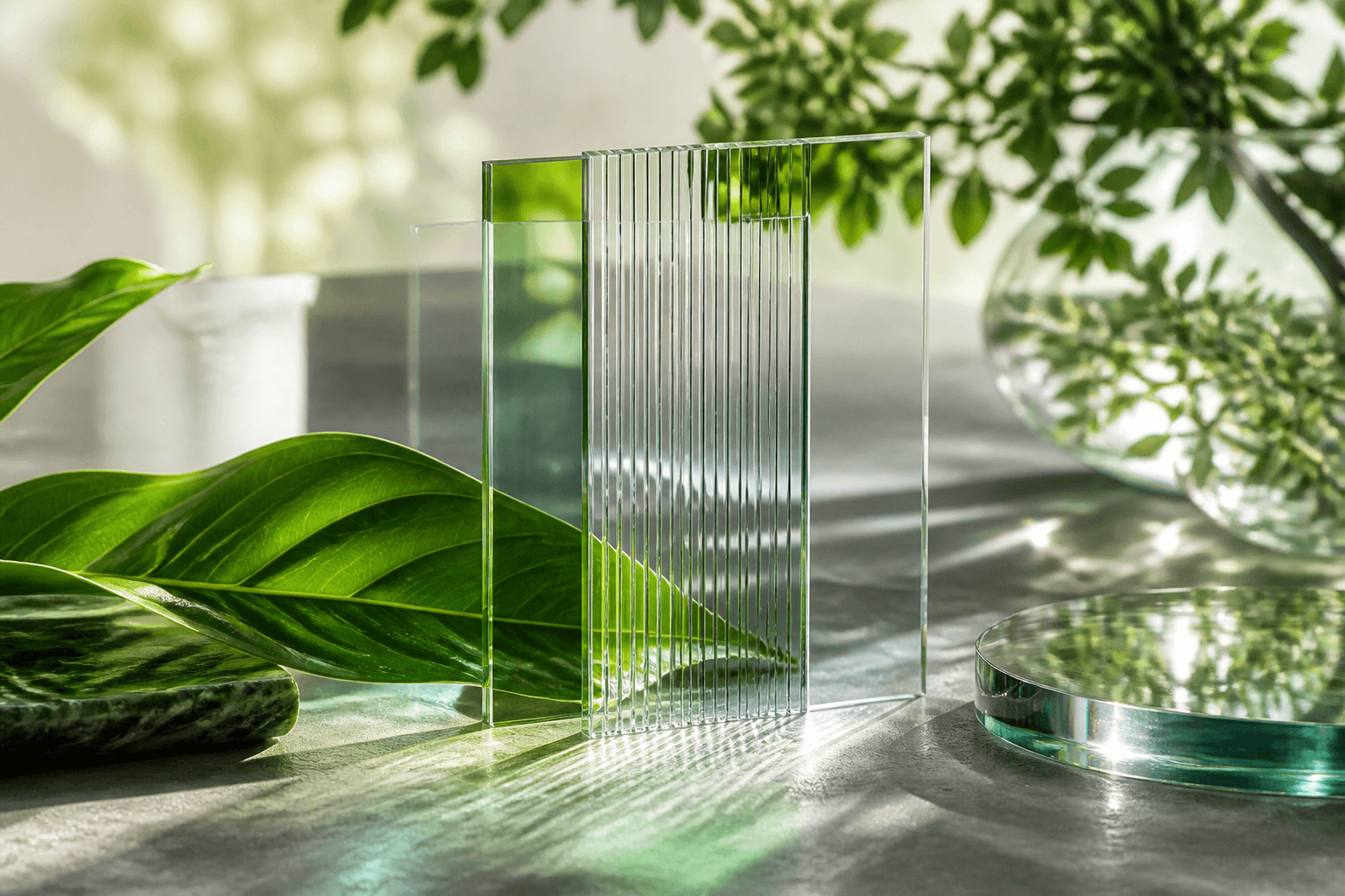 Vivid green leaves and ribbed glass panels in bright daylight, suggesting healthy growth and connected business signals.