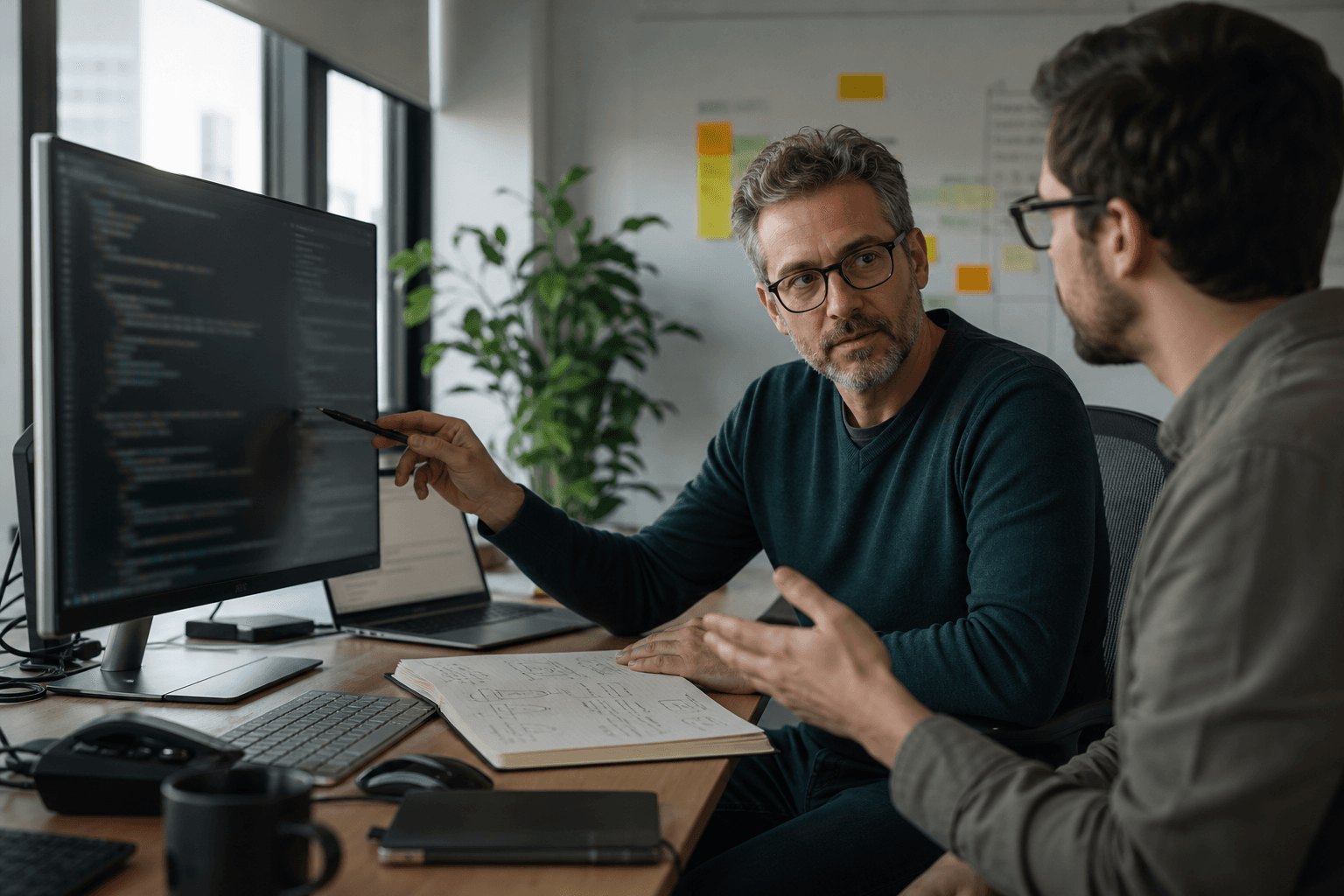 Senior software engineer conducting a peer code review at a large monitor with blurred source code, architecture notes in a notebook, and a colleague discussing edge cases in natural daylight.