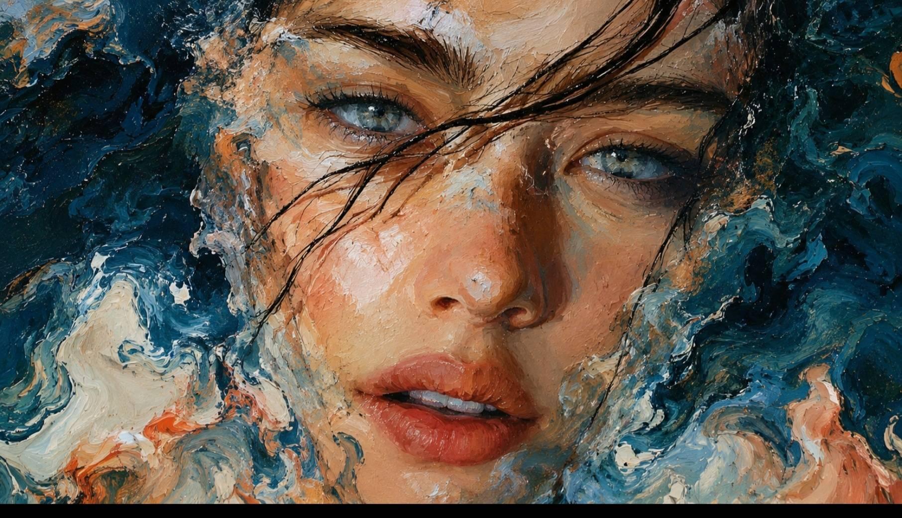 Landscape close-up oil-style portrait surrounded by textured blue and white movement, with the eyes and face as the focal point.