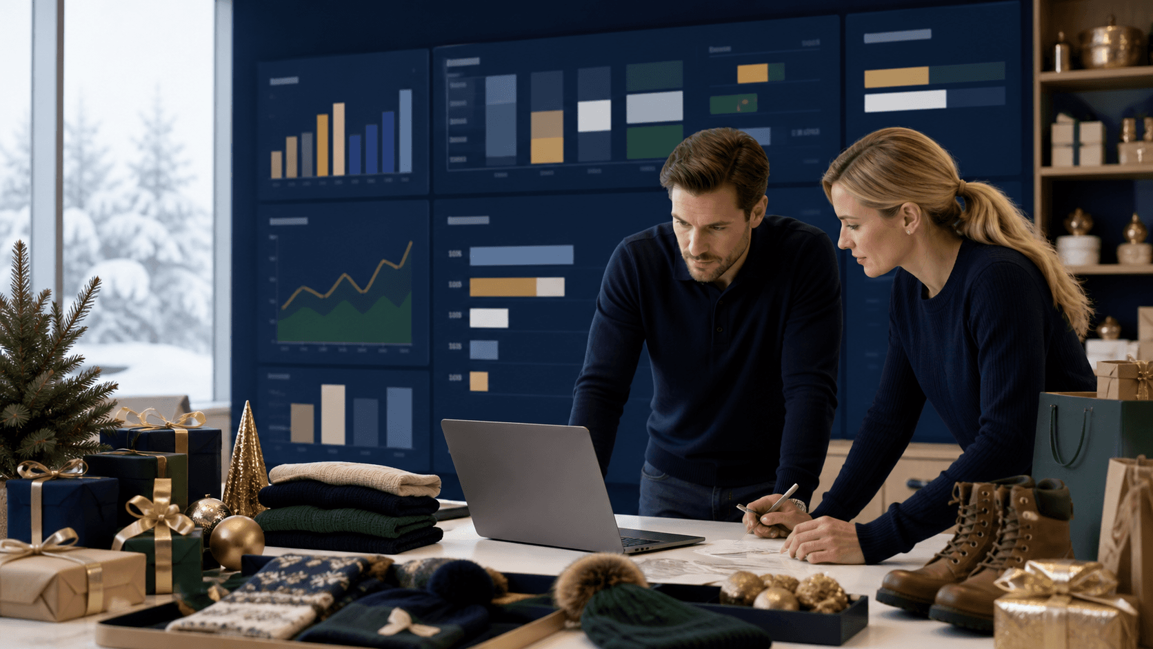 Retail campaign workspace with seasonal products and abstract margin visibility dashboards.