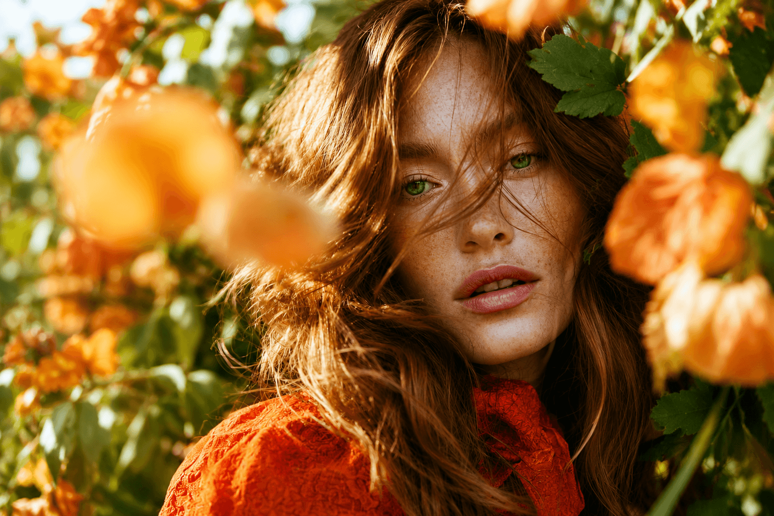Portrait framed by orange flowers and green leaves in warm sunlight.