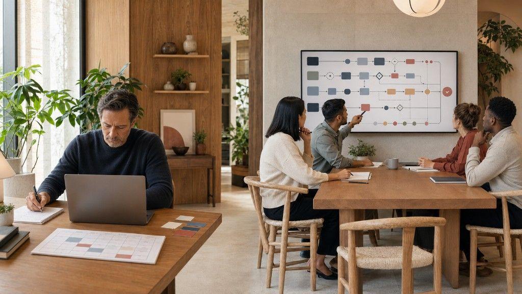 Marketer reviewing campaign dashboards alone while a growth team aligns launch systems around a shared wall of connected channels.