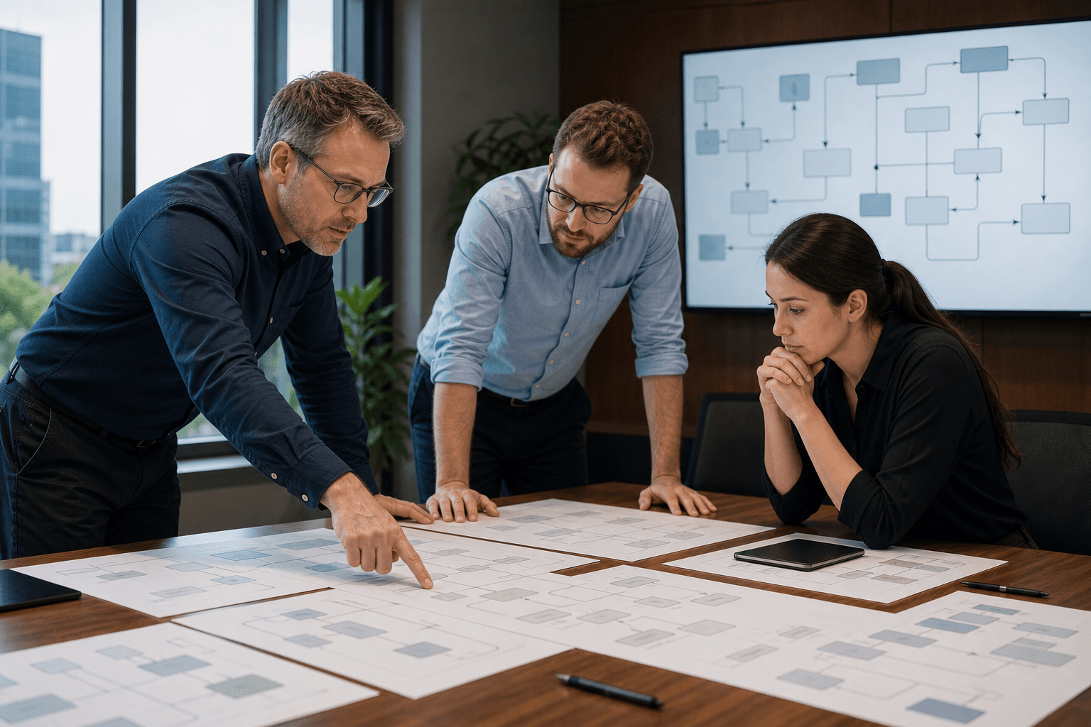 Three software architects around a table of printed system diagrams in a daylight consultancy workshop, with a wall display of abstract enterprise architecture boxes and arrows.