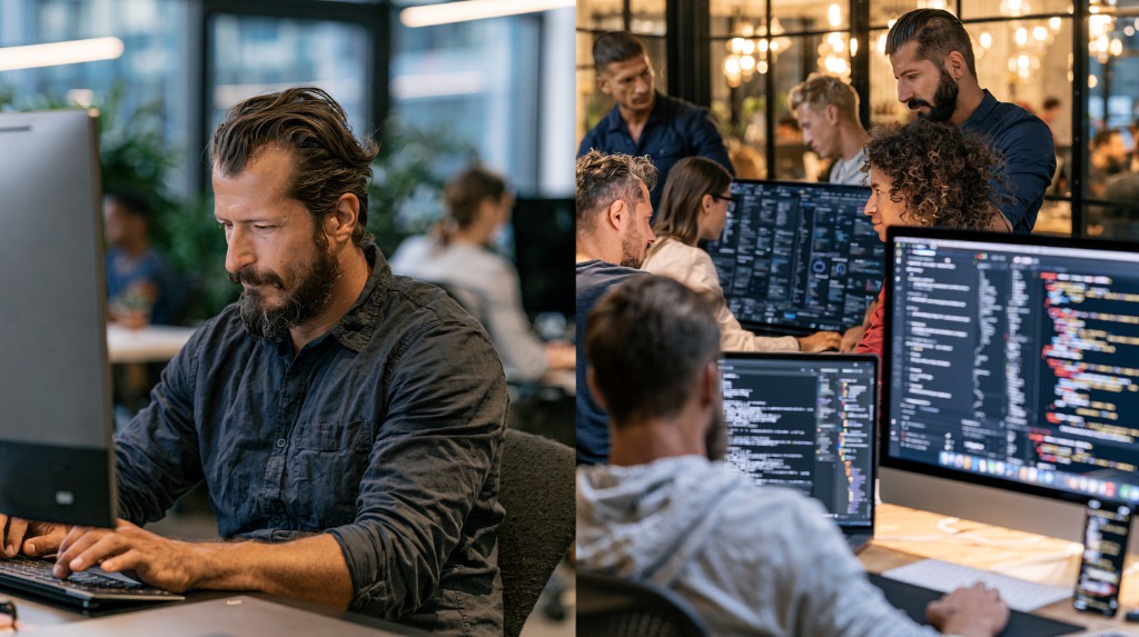 Individual developer focused at dual monitors beside a collaborative product team reviewing work together — coding capacity versus shared product delivery.