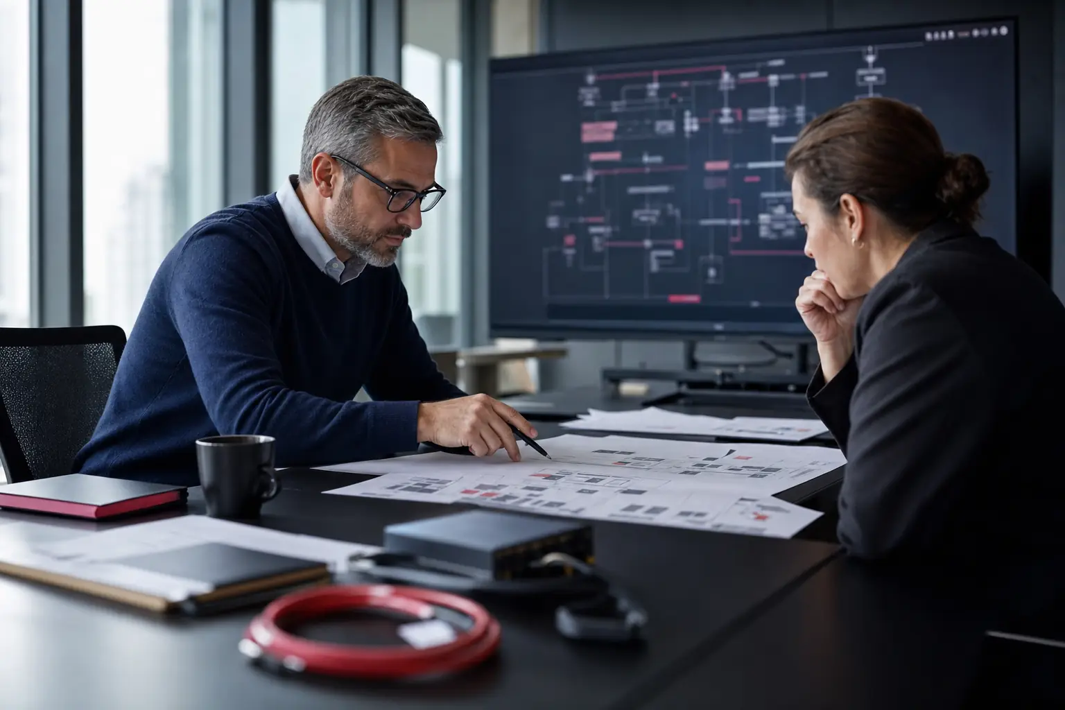 Two security architects reviewing network architecture diagrams at a conference table; a large monitor shows a blurred topology map with restrained red highlights in a daylight enterprise office.