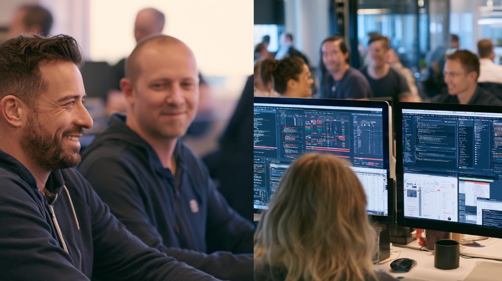 Engineering colleagues in a modern workspace and a developer at dual monitors — team delivery spanning people and build work.