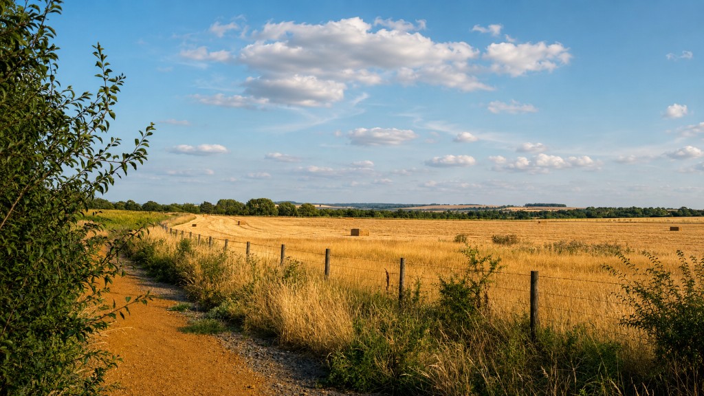 Wide view of a harvested Oxfordshire field with golden stubble and rectangular straw bales under a bright blue sky with white clouds.