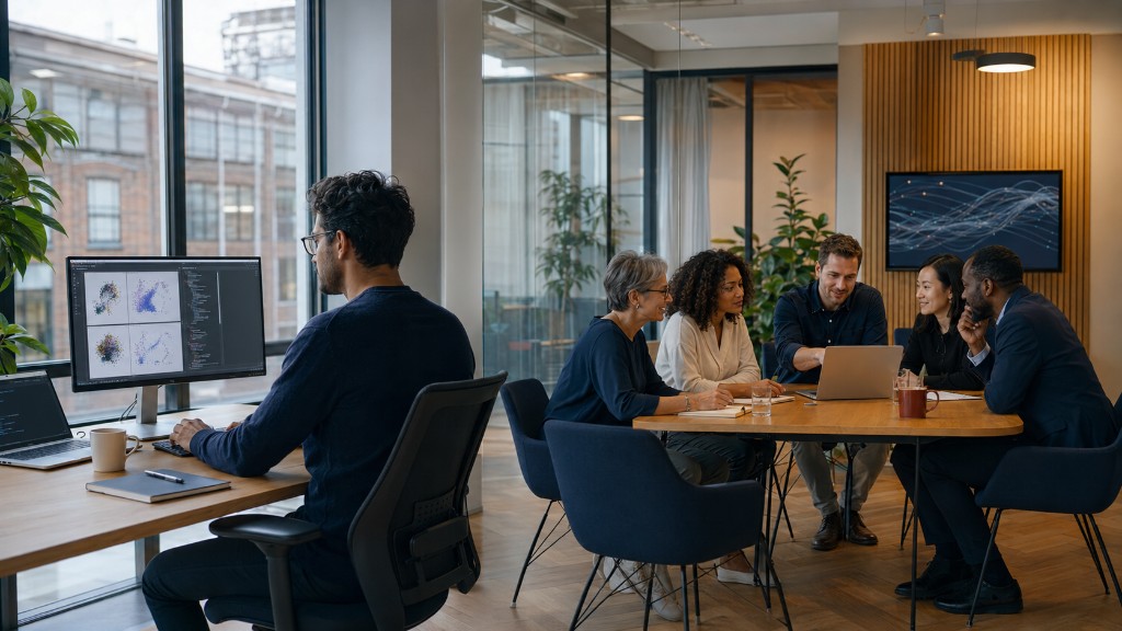 Solo AI/ML engineer at a dual-monitor desk with data plots and code, while a delivery team collaborates in a glass meeting room behind.
